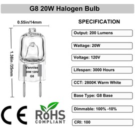 Vannise G8 Halogen Bulb 20W Warm White- 10 Pack Long Lasting G8 Bulb 120V 20W, Halogen Bulbs 2 Pin G8 Dimmable for Under Cabinet Puck Lighting Replacements, G8 Light Bulb with G8 Base