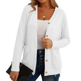 GRECERELLE Womens Lightweight Cardigan Sweater Long Sleeve Button Down Ribbed Knit Outerwear Open Front Tops with Pockets White-L