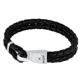 Kuzzoi 0212981818 Men's Leather Bracelet in Black Braided Leather Bracelet in Braided Look Masculine Hook Clasp 925 Sterling Silver 13 mm Wide, 21 centimeters, Sterling Silver