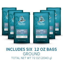 Caribou Coffee, Medium Roast Ground Coffee - Lakeshore Blend 72 Ounces (6 Bags of 12 Ounces)
