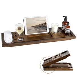 Realgulf Teak Bathtub Tray | Adjustable Width Tray with Wine Holder, Tablet/Phone & Book Stand, Splash-Proof for Bath Time- Walnut