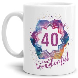 Geburtstags-Tasse 40 and Wonderful Geburtstags-Geschenk zum 40. Geburtstag als Geschenkidee für die Frau/Abstrakt/Bunt/Kaffeetasse/Weiss
