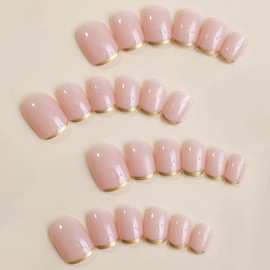 MERVF Square Press on Nails Short Fake Nails Gold French Tip Squoval Glue on Nails Press ons Nude Acrylic Nails 24pcs Glossy False Nails