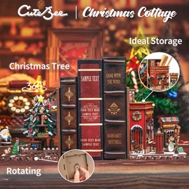 CUTEBEE Book Nook Kit - DIY Christmas Bookends, Miniature Bookend, Bookcase Decoration, Diorama Model Kit Adults to Build 2 Pieces (Christmas Cottage)