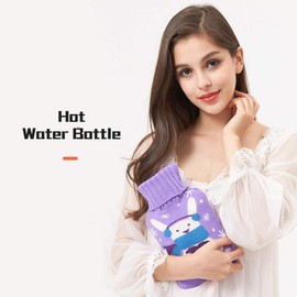 1L Knit Cover Hot Water Bottle in, Blue, Red, Grey, Purple | 26x15.5cm Rubber for Pain & Warmth