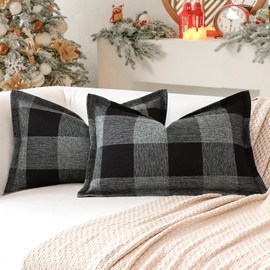 Sungeek Buffalo Check Plaid Cushion Covers 30 x 50 Set of 2 Linen Christmas Tartan Decorative Lumbar Pillow Covers with Stitched Edge for Sofa Couch Bed Living Room 12x20 Inch (Black and Grey)