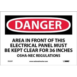 NMC D225P OSHA Sign, "DANGER AREA IN FRONT OF THIS ELECTRICAL PANEL MUST KEPT CLEAR FOR 36 INCHES OSHA-NEC REGULATIONS", 10" Width x 7" Height, Pressure Sensitive Vinyl, Black/Red On White