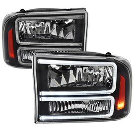 Euro Factory Style Headlights with Dual LED C-Bar (Black Housing/Clear Lens) Made for and Compatible with 1999-2004 Ford F-250/F-350/F-450/F-550/2000-2004 Excursion