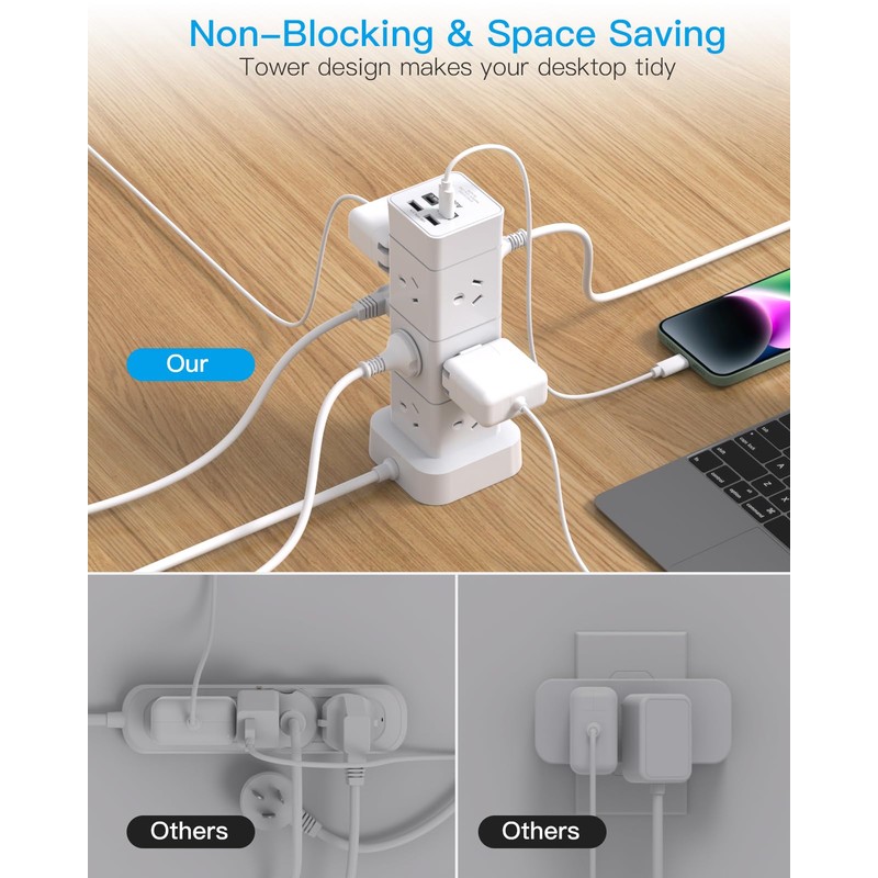 Power Board Surge Protected, Tower Power Strip with 12 AC
