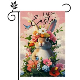 Happy Easter Bunny Garden Flag Rabbit Colorful Flowers Butterfly Garden Flag for Outside, 12x18 Inch Double Sided Burlap, Lawn Yard Flag Outdoor Decorations（Only Garden Flag）