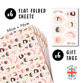 Pink Wrapping Paper - Sushi Faces - 6 Gift Wrap Sheets - Trendy GiftWrap for Girls Women Teenagers - Anniversary or Valentines Day Gift Wrap for Wife Girlfriend - Eco and Recyclable - Central 23