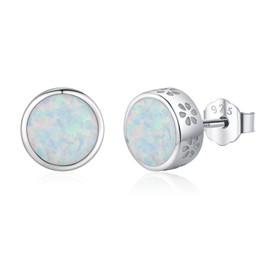 White Opal Stud Earrings 925 Sterling Silver Small Flowers/Four Leaf Clover Earrings Opal Jewellery Gifts for Women Ladies, Sterling Silver, Opal