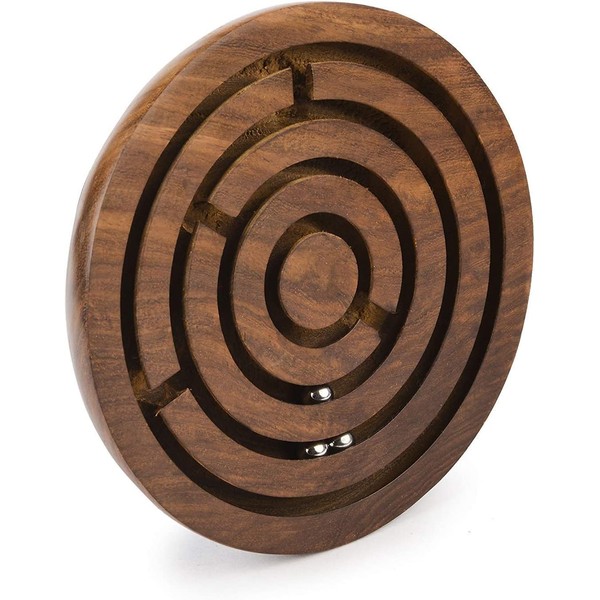Pam Herbals Wooden Circular Labyrinth Maze Puzzle Board Game 3 Metal Balls Traditional Sheesham Challenging Education Game, Brain Teaser for Kids, Adults, Teens, Boy & Girl, Size 5 inches