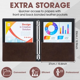 4 Pcs Vintage Hardback 3 Ring Binder Portfolio Binder Organizer Planner Round Ring Binders Leather Binder Organizer Holds 200 Sheets with 2 Inner Pockets, 13 x 10 Inch(Brown, 1.5 Inch)