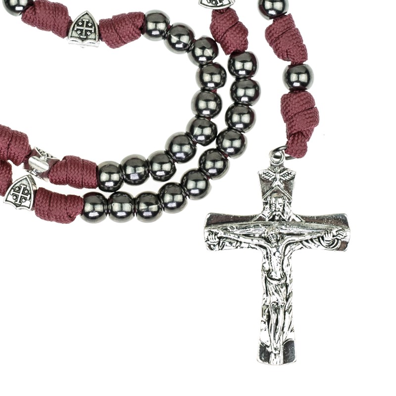 Intercession Handcrafted Paracord Rosary, Black Methalic Beads with Red Braided