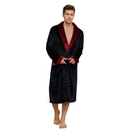 U2SKIIN Mens Fleece Robe Plush Collar Shawl Bathrobe(Black/Dark Red,L/XL)