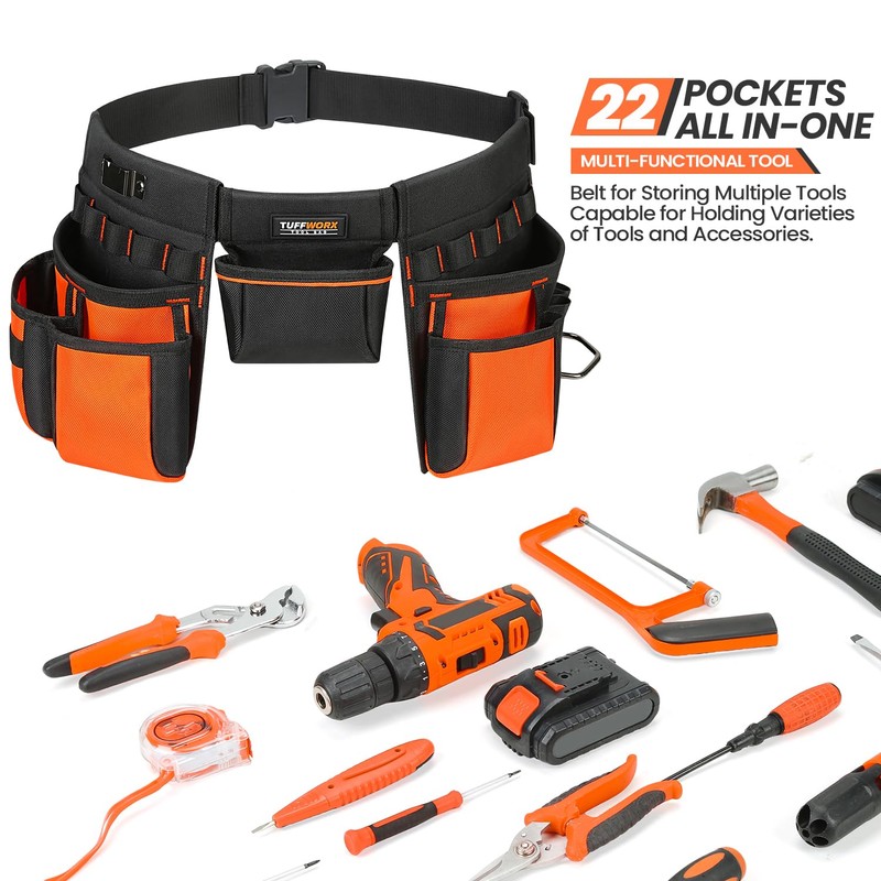 TUFFWORX Tool Belt with Multiple Pockets, Heavy Duty Construction Pouch,