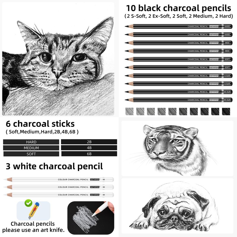 GETHPEN 27 Piece Charcoal Drawing Set - Professional Black &