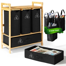 4 Section Recycling Bin for Kitchen – Dual Trash and Recycle Bins for Paper, Plastic, Cans – Indoor Bamboo Recycling Organizer – Decorative Wooden Recycle Bins for Kitchen & Office