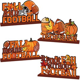 4Pcs Fall Decorations, Fall Football Theme Wooden Table Centerpiece, Gnome Pumpkin Maple Tabletop Signs for Football Game Day Party Fall Thanksgiving Party Supplies