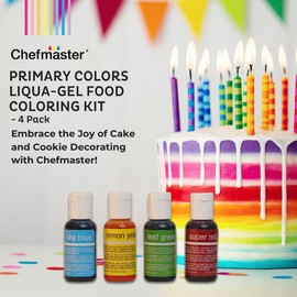 Chefmaster - Primary Colors Liqua-Gel Food Coloring Kit - Water-Based Food Coloring Gel - 4 Pack - Highly Pigmented, Create Vividly Colored Desserts, Easy-To-Blend Formula - Made in the USA