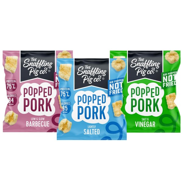 Snaffling Pig Popped Pork - Air Popped Not Fried - 20g Protein Snacks (Variety Pack - Lightly Salted, Salt & Vinegar & BBQ)