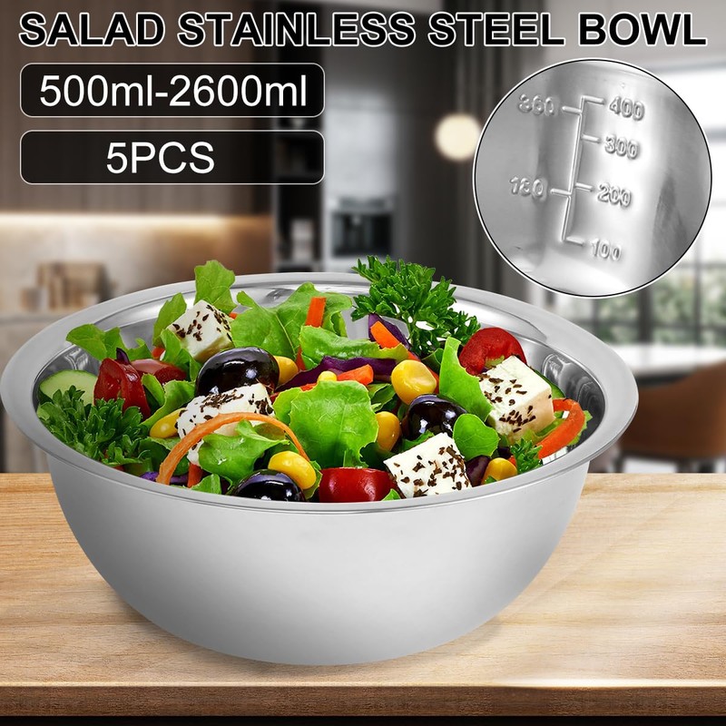 5Pcs Mixing Bowls Stainless Steel 5 Sizes Baking Bowls Mixing