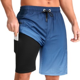 zeetoo Mens Swim Trunks with Compression Liner 9" Inseam Quick Dry Swim Shorts with Zipper Pockets Bathing Suit Gradient-darkblue L