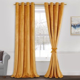 JIUZHEN Velvet Curtains 96 inches - Thermal Insualted Room Darkening Grommet Super Soft Velvet Textured Drapes for Living Room/Bedroom, 52W x 96L, Set of 2 Panels, Warm Glod