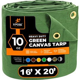 Xpose Safety Canvas Tarp - 10oz Green Poly Canvas Tarps Heavy Duty Water Resistant with Brass Grommets- Multipurpose Outdoor Tarpaulin for Camping, Canopy, Trailer, Equipment Cover 16' x 20'