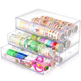 Wonderjune 3 Drawer Washi Tape Organizer Plastic Washi Tape Storage Cube Organizer Box 10" x 7" x 6.8" Large Capacity Clear Storage Drawer Holder for Art Craft Embellishments Holder Jewelry Makeup