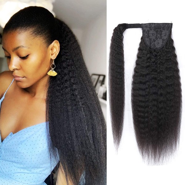 Strap Wrap Around Yaki Ponytail Human Hair Extensions, 100% Unprocessed Brazilian Hair Ponytails, Magic Paste with Comb Clip in Long Kinky Straight Pony Tail (18")