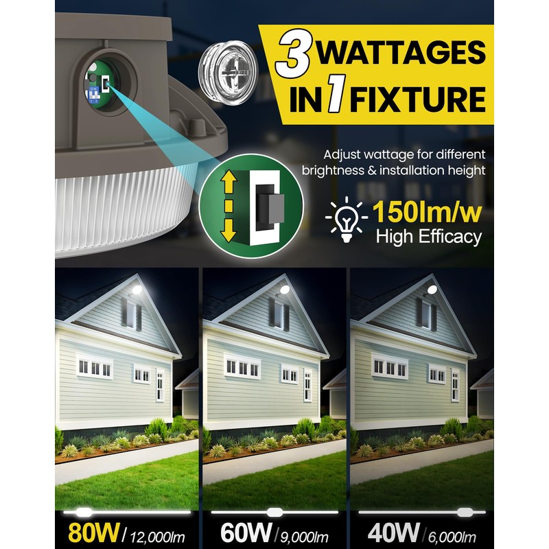 YARBO 80W LED Barn Light 60W 40W Switchable, 5000K/4000K/3000K Adjustable,12000LM