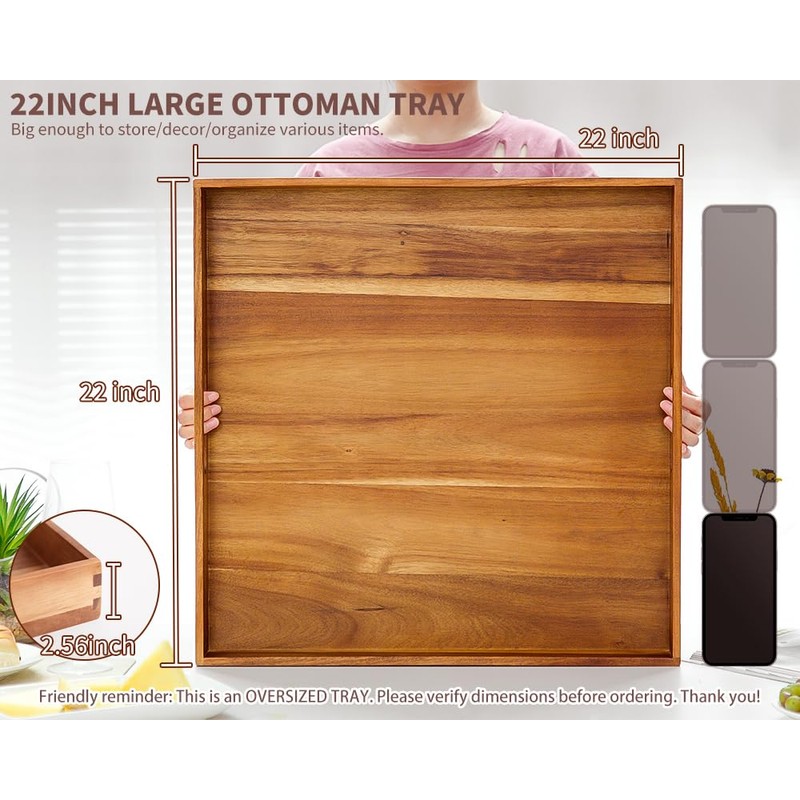 Extra Large Square Wood Tray, Generously 22" Acacia Serving Trays