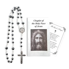 Chaplet of The Holy Face of Jesus - The Lord's Prayer Card - Black Hematite Holy Face Chaplet Rosary Beads - Holy Face Medal Rosary with Guide - Coronilla de la Santa Faz de Jesus - 2 Items Total