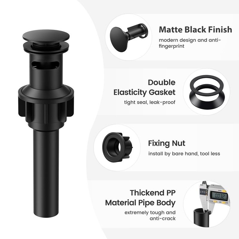 Bathroom Sink Drain with Overflow, Hurran Matte Black Bathroom Sink