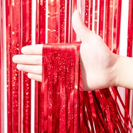 Voircoloria 2 Pack Red Tinsel Foil Fringe Curtains, Red Party Decorations, Metallic Tinsel Party Streamers Backdrop for Birthday Red Carpet Christmas Graduation Carnival Valentine's Party Decorations