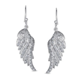 Heavenly Spiritual Symbol Cubic Zirconia Pave CZ Guardian Angel Wing Feather Lever back Dangle Earrings For Women For Teen .925 Sterling Silver French Wire Threader