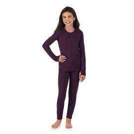 Cuddl Duds Girls Fleece-Lined Thermal Underwear 2-Piece Set - Kids Long Sleeve Top and Leggings Long Johns - UV Protection 50+ Boysenberry Purple - Medium