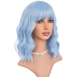WTHCOS Light Blue Wig Short Bob Wig Short Blue Wigs for Women Curly Wavy Wig with Air Bangs Heat Resistant Synthetic Hair Wigs for Daily Use Cosplay Wig With Wig Cap