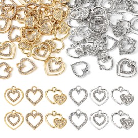 Craftdady 60 pcs Rhinestone Heart Charm Pendants for Jewelry Making Alloy Crystal Double Heart Dangle Charms Gold Sliver Love Shape Pendants for Valentine's Day Bracelets Necklaces Earrings Crafts