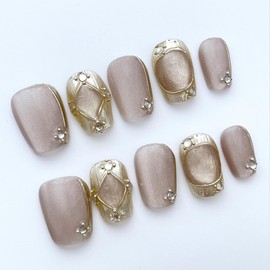 Handmade Press-On Nails with Hand-Painted Short Square Nails Featuring Gold Chrome Powder, Reusable Hand-Painted Nails, Including Tool Kit, 10 Pieces (SHN018-M, Medium)