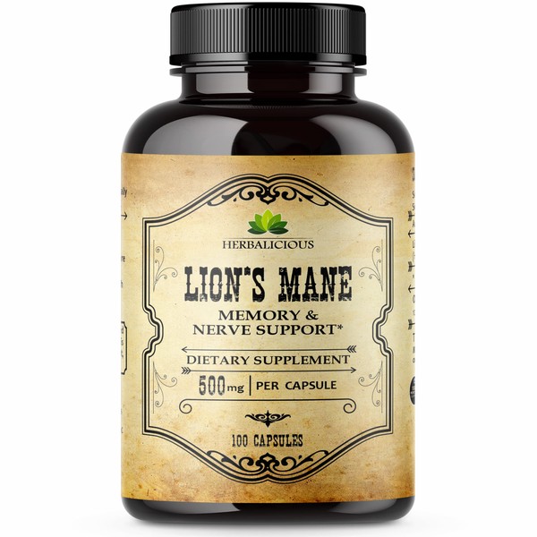 HERBALICIOUS Lion’s Mane Mushroom Supplement – Premium Mushroom Powder Capsules for Memory and Nerve Support – Non-Gluten and Non-GMO Focus Supplement – 500mg Lion’s Mane – 100 Capsules