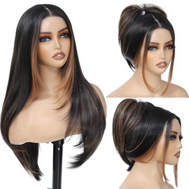 KPROYU Pre Cut Lace Glueless Wig Wear and Go Skunk Stripe Honey Blonde With Black Synthetic Lace Front Wig Pre Plucked 13X4X1 HD Lace 26 Inch Straight Layered Wig For Women 3 Seconds to Wear