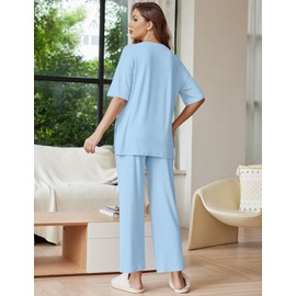 Ekouaer Lounge Sets for Women Short Sleeve Tops and Long Pants Soft Comfy Pajamas Set 2 Piece Outfits,Clear Blue,S