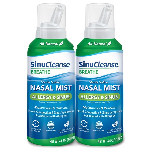 SinuCleanse Allergy & Sinus Sterile Saline Nasal Mist, Instantly Moisturizes & Relieves Severe Nasal Congestion Due to Allergies, 4.6 Oz (2 Pack)
