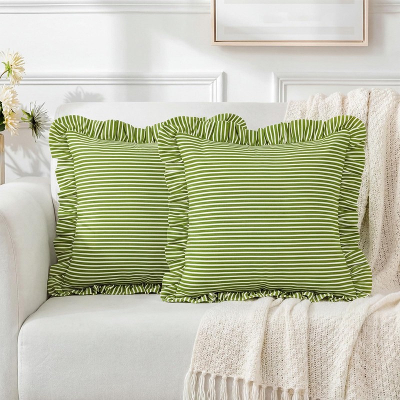 HunnmingRe 2 Pack Green White Striped Ruffle Throw Pillow Covers