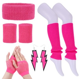 Fuguan 9pcs 80s Costume Fancy Outfit Accessories Set 1980s Workout Costumes Accessories with Neon Leg Warmers for Women Girls