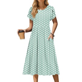 Zeagoo Women's Summer Dress 2025 Short Sleeve Aline MIdi Flowy Tshirt Dresses Crewneck Loose Floral Beach Sundress with Pockets, Green Dound Dot,M