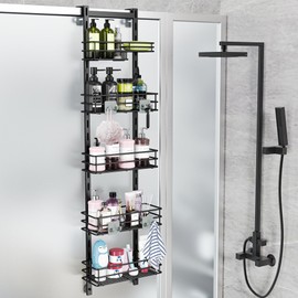 Orimade Over the Door Shower Caddy Adjustable 5 Tier Black,Bathroom Hanging Organizer Shelf Rustproof with 4 Hooks,Shower Basket with Soap Holder and Suction Cup